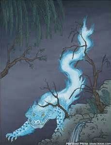 a painting of a blue dragon flying over a waterfall