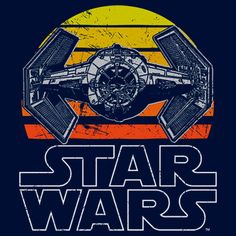 the star wars logo with an orange and yellow sun in the background on a black shirt