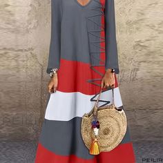 Peilia - Stylish Plus Size Womens Casual Dress: Colorblock Long Sleeve V Neck Maxi Dress with Medium Stretch Casual V-neck Color Block Maxi Dress, Casual Color Block Maxi Dress, Casual Beach Maxi Dress With Color Block, Casual Beach Color Block Maxi Dress, Casual Color Block Maxi Dress For Beach, Casual Dresses With Contrast Color For Beach, Casual Beach Dresses With Contrast Color, Casual Red Patchwork Maxi Dress, Casual Red Color Block Dress