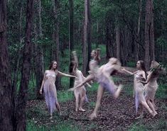 four women are dancing in the woods with their arms extended and one woman is holding out her hand