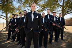 Groomsmen with guns -- one of our absolute favorite photos. Men Tuxedo Black, Mafia Photoshoot, Groomsmen Pics, Black Groomsmen Suits, Black Groomsmen, Groomsmen Pictures, Bride Maids, Men Tuxedo