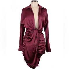 Nwt Joeleene Long Sleeve, Collared, Shirtdress, Solid, Ruched Detail, Maroon, Burgundy, Knee Length 97% Polyester, 3% Spandex 28" Chest, 25" Length Long Sleeve Ruched Satin Cocktail Dress, Cocktail Long Sleeve Ruched Satin Dress, Fall Draped Mini Dress For Date Night, Long Sleeve Ruched Dresses For Date Night, Long Sleeve Ruched Satin Dress, Ruched Long Sleeve Satin Dress, Elegant Ruched Shirt Dress For Party, Long Sleeve Satin Dress For Date Night, Draped Dress For Date Night In Fall