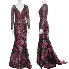 Terani Couture Evening Gown Pink Floral Print Crystal, Glitter & Mesh Accents Long Sleeve With V-Neck Concealed Zip Closure At Back Fit:Dresses By Terani Couture Typically Fit True To Size. Details Size Guide Bust: 32" Waist: 26" Hip: 34" Length: 70.5" Fabric: 100% Polyester; Lining 100% Polyester Luxury Fitted V-neck Gown, Fitted V-neck Evening Dress With Floral Print, Luxury Sequin V-neck Evening Dress, Luxury V-neck Evening Dress With Sequins, Festive V-neck Evening Gown, Luxury Evening Gown With V-neck, Luxury Evening V-neck Gown, Glamorous Floral Print Evening Dress, Glamorous Fitted Floral Print Evening Dress