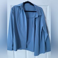 Fits Oversized, Never Worn. Silky Material Oversized Blue Blouse For Work, Oversized Blue Top For Office, Blue Oversized Blouse For Office, Oversized Blue Office Blouse, Oversized Blue Button-up Blouse, Blue Button Down Shirt, Blue Shirt, Button Down Shirts, Shirt Color