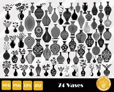 large set of vases with flowers and plants in black and white colors on a striped background