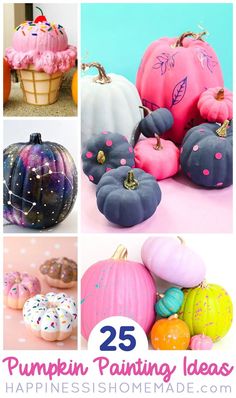 25 pumpkin painting ideas for kids and adults to do this fall, including painted pumpkins with sprinkles on them