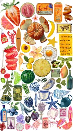 an assortment of fruits and vegetables are shown in this illustration, including oranges, bananas,