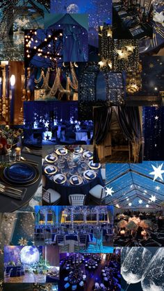 a collage of photos with blue and white decorations, lights, and snowflakes