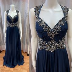 Macduggal Long Chiffon Navy Blue Dress. With Gunmetal Beading. Size 6. New With Tags Attached. Embellished Chiffon Evening Gown, Embellished Chiffon Gown For Evening, Embellished Royal Blue Evening Dress For Wedding, Blue Chiffon Evening Dress With Fitted Bodice, Embellished Chiffon Mother Of The Bride Dress For Gala, Blue Embellished Chiffon Dress, Elegant Blue Dresses With Rhinestones, Elegant Blue Dress With Rhinestones, Elegant Embellished Royal Blue Gown