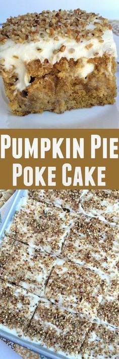 pumpkin pie poke cake with white frosting and pecans in the middle on top