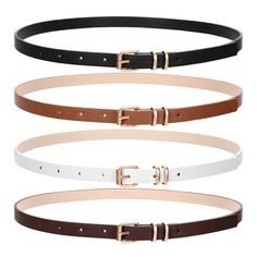 PRICES MAY VARY. 💐Skinny Belts for Women:The versatile women thin waist belt comes in 4 different colors and is a great accent to your dress, blouse, jeans, sweater or coats. You can wear it with jeans at the hip or tighten a dress or skirt at the waist. The delicate gold belt buckle easily matches your outfit. 💐Chic Thin Leather Belts:Soft and lightweight women's thin belt is made of durable fiber faux leather to provide long wearing time. The metal gold alloy buckle makes this belt look styl Tighten A Dress, Belt For Dresses, Belt For Jeans, Gold Belt Buckle, Nice Belts, Wishlist 2024, Outfit Chic, Gold Belt, Dress Blouse