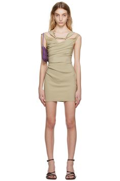 Beige Le Papier 'La Robe Soffio' Minidress by Jacquemus on Sale Spring Mini Dress With Cutaway Shoulders, Fitted Summer Dress With Cutaway Shoulders, Ssense Dress, Dress Runway, Twill Dress, Beige Dress, Runway Dresses, Beige Dresses, Low Back