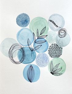 an abstract painting with blue and green circles on the bottom, one circle has leaves in it