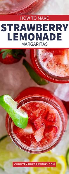 strawberry lemonade margaritas in mason jars with lime and strawberries