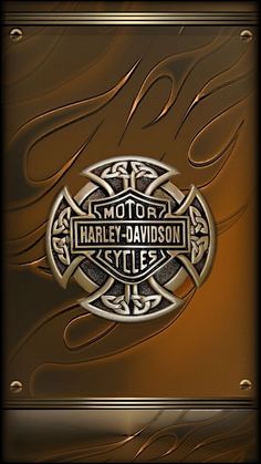 the harley davidson cycles logo is shown on a gold background with swirls and curves