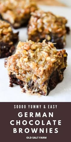 german chocolate brownies with granola toppings and text overlay that reads, 5000 yummy & easy german chocolate brownies