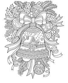 a christmas bell with holly leaves and bells on it, in the middle of a coloring page