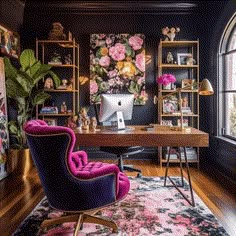 a home office decorated in black and pink with flowers on the wall, desk and chair