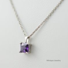 Simple And Elegant Sterling Silver Necklace. Amethyst is the birthstone for February. This is a perfect gift for loved ones born in February or like Amethyst. Pendant height: 10 mm including the bail; Pendant width: 6 mm Gemstone width & height: 5x5 mm; Material: Sterling Silver Silver Gemstone: Cubic zirconia Style: Minimalist Description: Sterling Silver Amethyst Purple CZ Pendant Necklace Metal: All components are solid .925 Sterling Silver and rhodium plated to provide anti-tarnishing. S Silver Princess Cut Necklaces For Anniversary, Silver Princess Cut Necklace For Anniversary, Anniversary Princess Cut Silver Necklace, Purple Cubic Zirconia Necklaces For Anniversary, May Birthstone Jewelry With Prong Setting For Birthday, Purple Cubic Zirconia Necklace For Anniversary, Purple Necklace With Prong Setting, Gift, Purple Necklace With Prong Setting As A Gift, Purple Necklace With Prong Setting For Anniversary