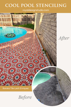 the before and after photos of an outdoor pool with decorative tiles on it, including a swimming