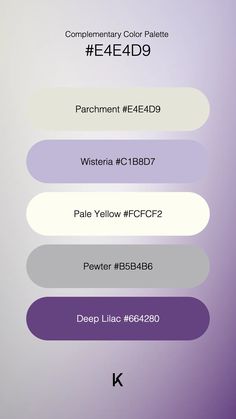 Complementary Color Palette Parchment #E4E4D9 · Wisteria #C1B8D7 · Pale Yellow #FCFCF2 · Pewter #B5B4B6 · Deep Lilac #664280