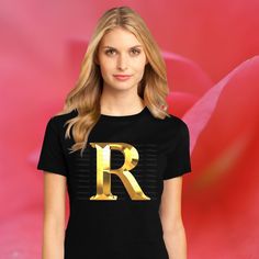 Gold letter T shirt, R letter, initial first name, capitol letter, gold COLOR,  English alphabet, Short Sleeve, Unisex T Shirt, Cotton Tee,  Men's Clothing, black t shirt, Women's Clothing, letters style, Unisex Fashion.   Personalized your T shirt with custom INITIAL first Name, only capital letters. the letter will be placed in the T shirt, As shown in the picture. This just might be the softest and most comfortable unisex t-shirt.  Combine the relaxed fit and smooth fabric of this tee with je Gold Graphic Tee With Letter Print, Gold Crew Neck T-shirt With Letter Print, Gold Cotton T-shirt With Text Print, Gold Short Sleeve Top With Text Print, Gold Crew Neck T-shirt With Text Print, Gold Short Sleeve T-shirt With Text Print, Gold Crew Neck Top With Text Print, English Alphabet, Letter T