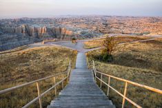 a wooden staircase leading to the top of a hill