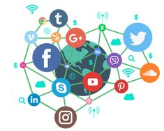 social media icons are connected to the earth and surrounded by social networking symbols on white background