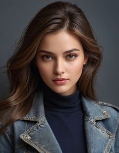 a woman with long brown hair wearing a denim jacket and turtle neck sweater is looking at the camera