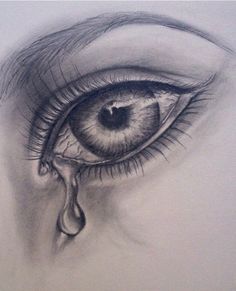 a pencil drawing of an eye with tear coming out of it's irise