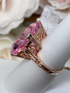 Pink Topaz Ring, Large square gem in Rose Gold plated crisscross basket-weave filigree, art deco styled ring, Art Deco Jewelry, Silver Embrace Jewelry Luxury Pink Topaz Ring For Formal Occasions, Elegant Pink Topaz Ring For Formal Occasions, Elegant Rose Gold Topaz Ring With Accent Stones, Elegant Pink Topaz Ring With Accent Stones, Formal Rose Gold Topaz Ring With Prong Setting, Elegant Pink Topaz Ring With Center Stone, Formal Rose Gold Topaz Ring With Accent Stones, Elegant Pink Topaz Ring For Anniversary, Elegant Pink Topaz Anniversary Ring