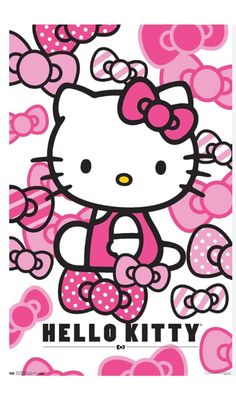 a hello kitty poster with hearts and bows on it's back side, in pink