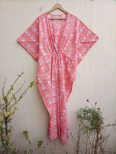 "These Kaftan we make from pure cotton Cambric Handblock print fabric. Handblock print gives it very unique look Size= Length 52\" Free size in chest . ." Cotton V-neck Kimono With Floral Print, Orange Cotton Summer Sleepwear, Orange Cotton Sleepwear For Summer, Printed Cotton V-neck Kimono, Red Cotton Sleep Dress, Red Cotton Kimono For Vacation, Long Cotton Summer Sleepwear, Long Cotton Sleepwear For Summer, Summer Cotton Sleepwear For Beach