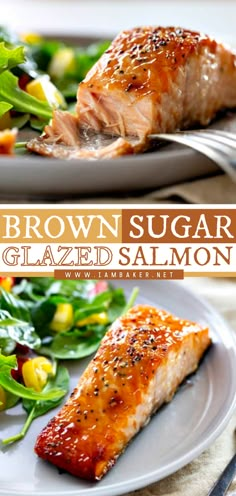 a close up of a plate of food with salmon and salad on the side next to it