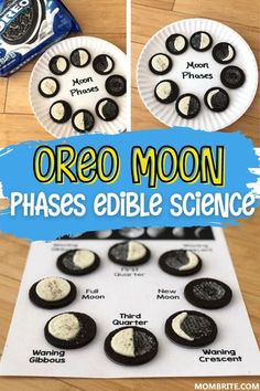 oreo moon phases on a paper plate with text overlay that says oreo moon phases edible science