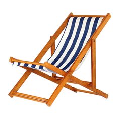 a wooden lawn chair with blue and white stripes