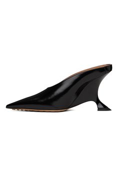 Bottega Veneta: Black Rocket Mule Heels | SSENSE Luxury Slip-on Heels With Sculpted Heel, Black Calf Leather Kitten Heels With Pointed Toe, Formal Calf Leather Kitten Heels With Sculpted Heel, Evening Slip-on Heels With Sculpted Heel, Calf Leather Slip-on Evening Heels, Designer Slip-on Heels With Sculpted Heel, Luxury Calf Leather Kitten Heels For Formal Occasions, Luxury Calf Leather Kitten Heels For Formal Wear, Luxury Leather Sole Kitten Heels For Office