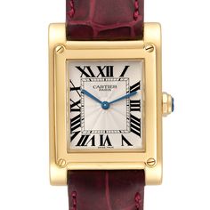 Cartier Tank a Vis Privee CPCP Collection Yellow Gold Mens Watch W1529451. Manual winding movement. 18k yellow gold case 27.0 x 30.0 mm. Octoganal crown set with faceted blue sapphire. . Scratch resistant sapphire crystal. Silvered guilloche dial with black Arabic numerals. Sword-shaped blued steel hands. Secret Cartier signature at VII. Custom burgundy leather strap with Cartier 18k yellow gold deployant clasp. Cartier Yellow Gold Watch With Diamond Hour Markers, Classic Yellow Gold Watches With Subdials, Yellow Gold Business Watch With Rectangular Shape, Yellow Gold Business Watches With Rectangular Shape, Cartier Gold Watch With Rectangular Dial, Gold Cartier Watch With Rectangular Dial, Designer Yellow Gold Chronometer Watch, Designer Yellow Gold Watch With Chronometer, Luxury Yellow Gold Rectangular Watch