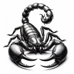 a black and white drawing of a scorpion with claws on its back, facing the viewer