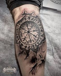 a man's arm with a compass tattoo on it and the words in roman numerals