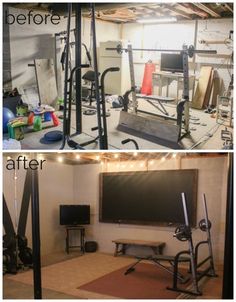 before and after photos of a gym room with an old blackboard in the middle