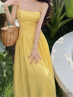 Lasaky - Stylish Backless Beach Resort Maxi Dress in Yellow Linen Apron Dress, Resort Maxi Dress, Yellow Dresses, Dress Collar, Evening Dresses For Weddings, Round Neck Dresses, Apron Dress, Vacation Dresses, Maxi Gowns