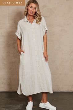 Studio Shirt Dress - Tusk - eb&ive Clothing - Shirt Dress Mid Linen Ladies Lunch, Plain Outfits, Sophisticated Dress, Cuffed Shorts, Night Looks, Suits You, Dresses Online, Date Night, Belts