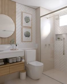 a white toilet sitting next to a walk in shower under a bathroom mirror above a sink