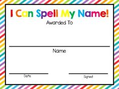 i can spell my name certificate with colorful stripes on the back and white letters in rainbow colors