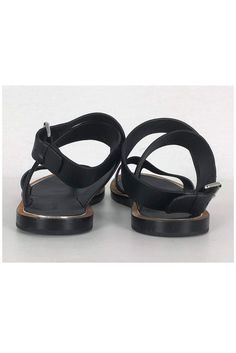 Chic sandals in black leather with an ankle strap design. Perfect for casual wear, style them with any dress or skirt. Size 6 - EU 36 Leather upper & sole Ankle strap design Silver-tone buckle Tan brown & silver trim Some wear on sole Light marks on leather Light creasing on leather Outsole length 9.5" Black Open Toe Slingback Sandals With Buckle, Black Double Strap Evening Sandals, Black Leather T-strap Sandals With Buckle Closure, Black T-strap Sandals With Ankle Strap And Removable Insole, Black Sandals With Buckle Closure And Single Toe Strap, Black Ankle Strap Sandals With Buckle Closure, Black Double Strap Formal Sandals, Black Evening Sandals With Tang Buckle, Black T-strap Sandals With Buckle Closure And Open Heel