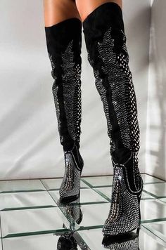 Luxury Crystal Rivets Drilled Wing Thigh Boots Thin Stiletto Heels Gli – KIMLUD.COM Diamond High Heels, Boots Thigh High, Bota Over, Azalea Wang, Boots Women Fashion, Beautiful Boots, Women Diamond