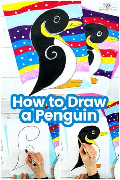 how to draw a penguin with colored pencils and watercolor paper on the table