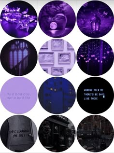 purple and black collages with words on them in different styles, sizes and colors