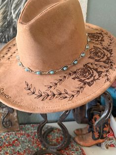 Western Hatroses Galorecowgirldesignerwomenburnedrusticfast Deliverysuedeturquoise Silver Hatbandwild Brim - Etsy Diy Hat Bands For Women, Burned Western Hats For Women, Custom Cowgirl Hat Ideas, Cowgirl Hat Outfit, Western Hats For Women, Cowgirl Hats Western, Diy Hats